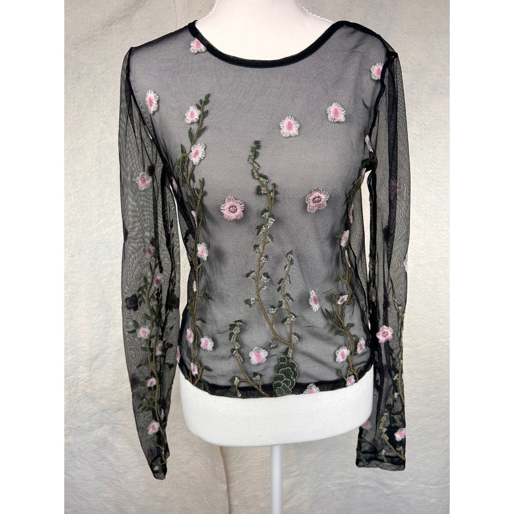 Y2K Whimsigoth Fairycore Coquette Black Sheer Mesh Floral Embroidered Blouse
